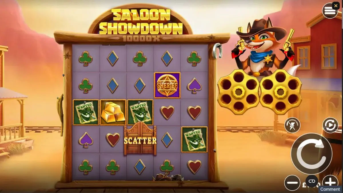 Visual gaya kartun Wild West dalam slot Saloon Showdown 10,000x